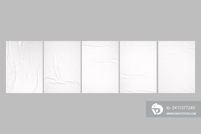 Empty blank wrinkled poster template set. Isolated glued paper mockup. 3d rendering.