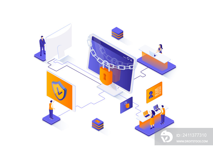 Network security isometric web banner. Firewall software, password identification and privacy isometry concept. Network cybersecurity solution 3d scene. Illustration with people characters.