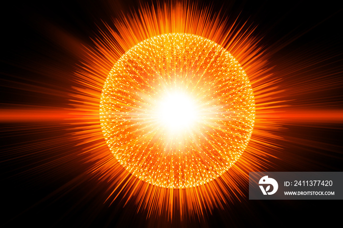 3D illustration Atom nucleus explosive break apart release energy and radiation light science illustration concept.