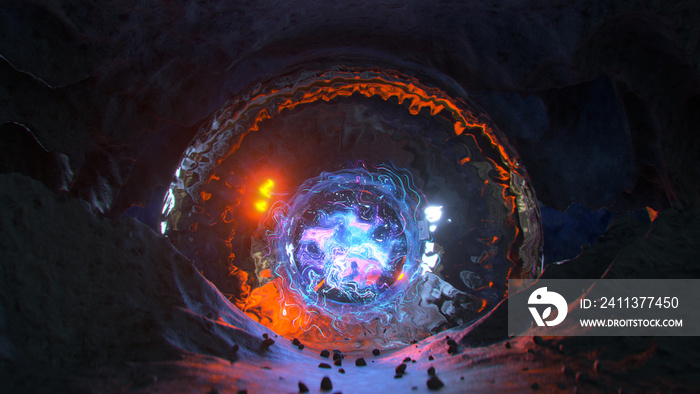 Futuristic sci-fi portal in alien cave 3D render