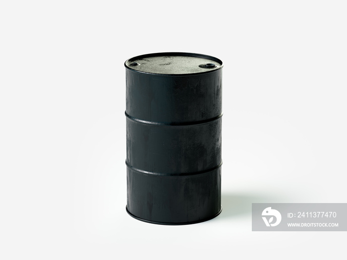 3d illustration of used soiled oil barrel isolated on white. Oil drum