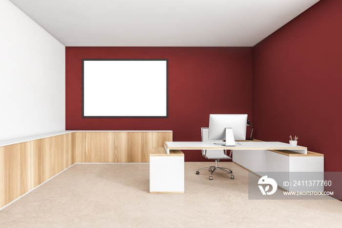 Mockup frame in wooden red office room with table and computer on beige floor