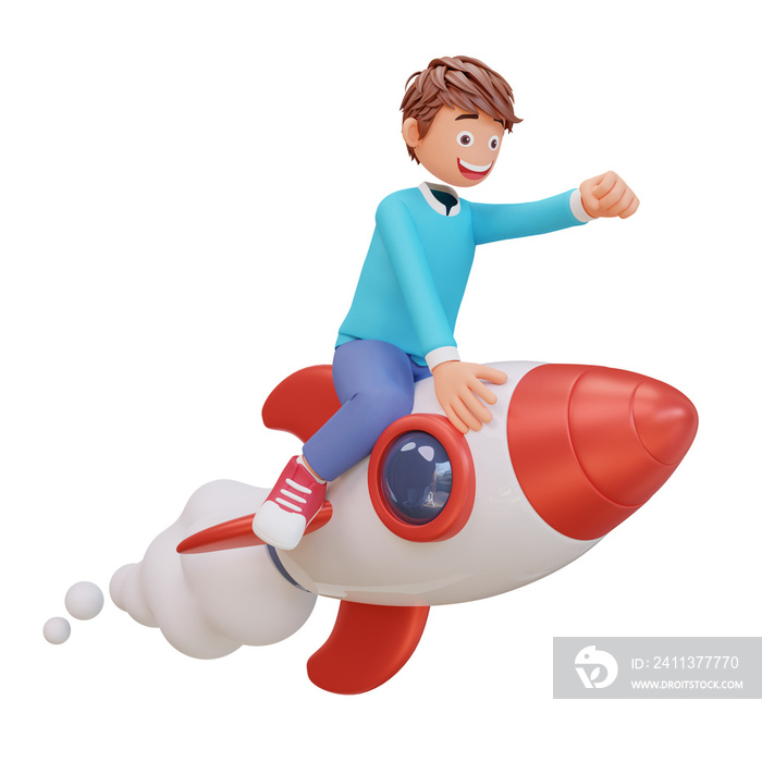 3d student character is flying on a rocket