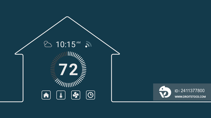 house outline with a home assistant interface, thermostat. Concept of internet of things, copy space.