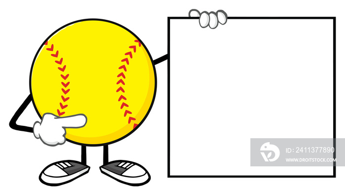 Softball Faceless Cartoon Mascot Character Pointing To A Blank Sign. Hand Drawn Illustration Isolated On Transparent Background