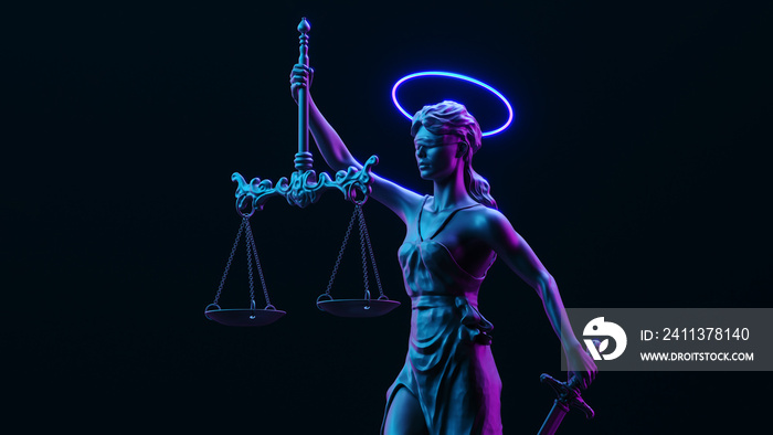 Themis Statue Justice Law Lawyer Business Concept in neon light. 3d illustration