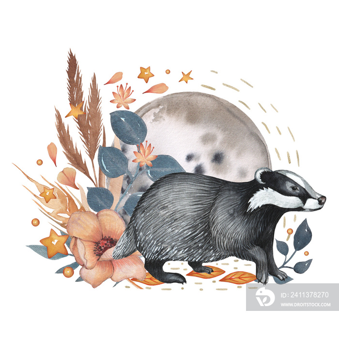 Watercolor badger in the magical forest