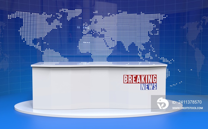 Table and breaking news banner background in the news studio_3d rendering