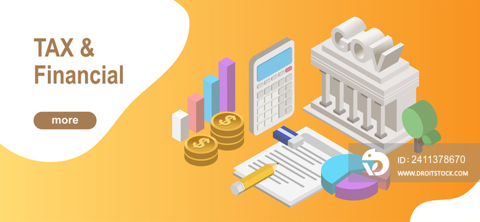 Tax and financial template. 3D Government building, calculator, Money, pen, eraser and Document for Tax Calculation.