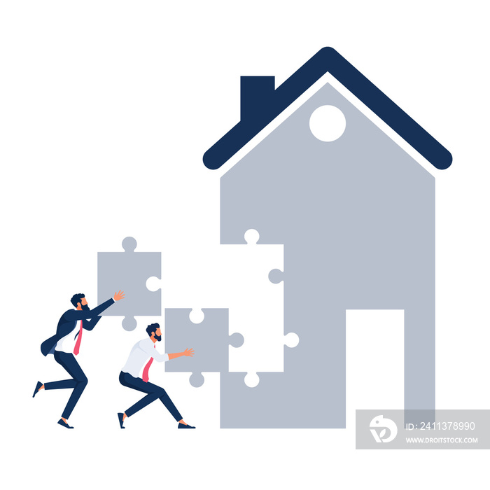 People holding two jigsaw pieces to finish a house, complete puzzle parts of house, real estate investment vector concept