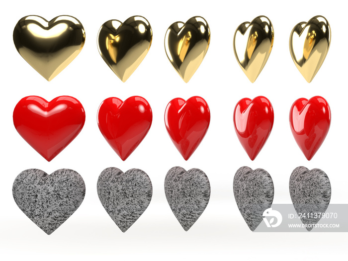 A set of colored gold, red, stone hearts in different settings.