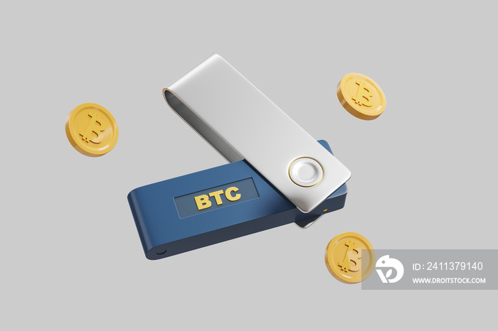 Cryptocurrency hardware wallet with bitcoins around it