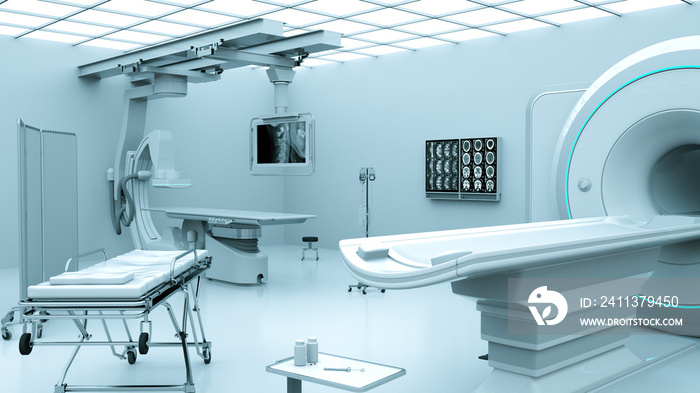 3D rendering of an MRI room under the lights - concept of modern healthcare