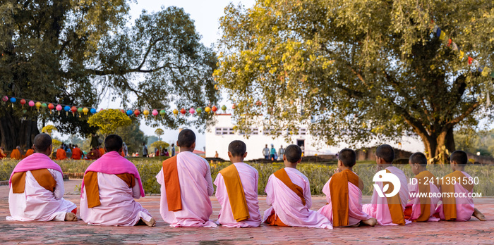 Young Buddhist Monk praying and meditating at Lumbini, Nepal