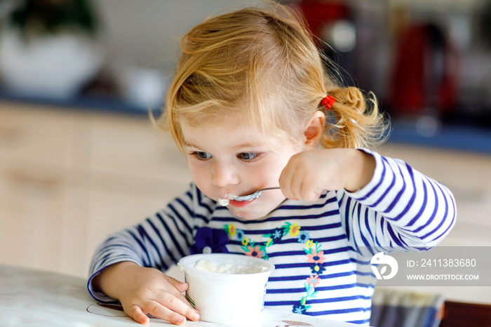 Adorable baby girl eating cottage cheese from spoon, healthy milk snack. Cute healthy toddler child, daughter with spoon sitting in highchair and learning to eat by itself in kitchen or nursery