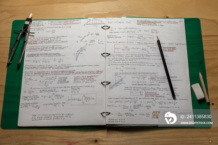 Mathematics, Equations , aerodynamics handwritten notes close-up. Pen, rubber  on the sheet. Study icon