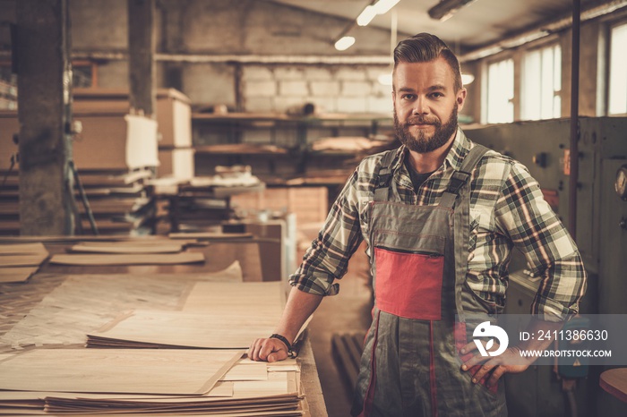 Carpenter posing on his workplace in carpentry workshop.