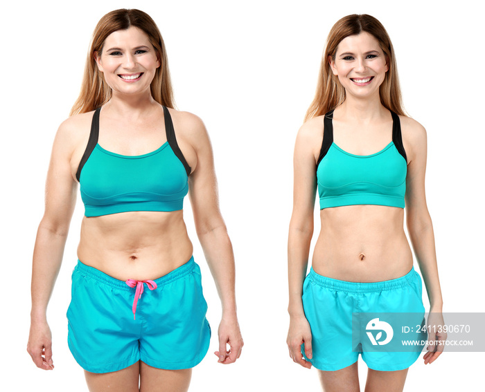 Young woman before and after weight loss on white background