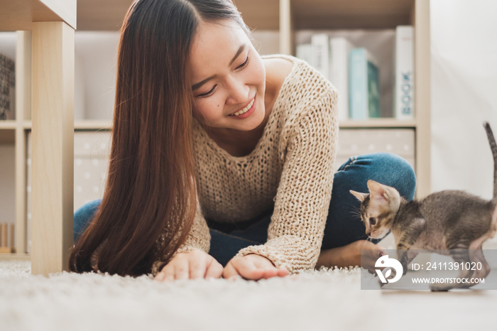 Young Asian woman holding and playing with her cute kitten cat with lovely moment, pet and human concept