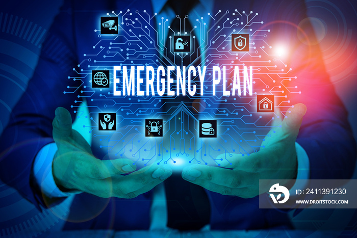 Text sign showing Emergency Plan. Business photo showcasing procedures for handling sudden or unexpected situations Male human wear formal work suit presenting presentation using smart device