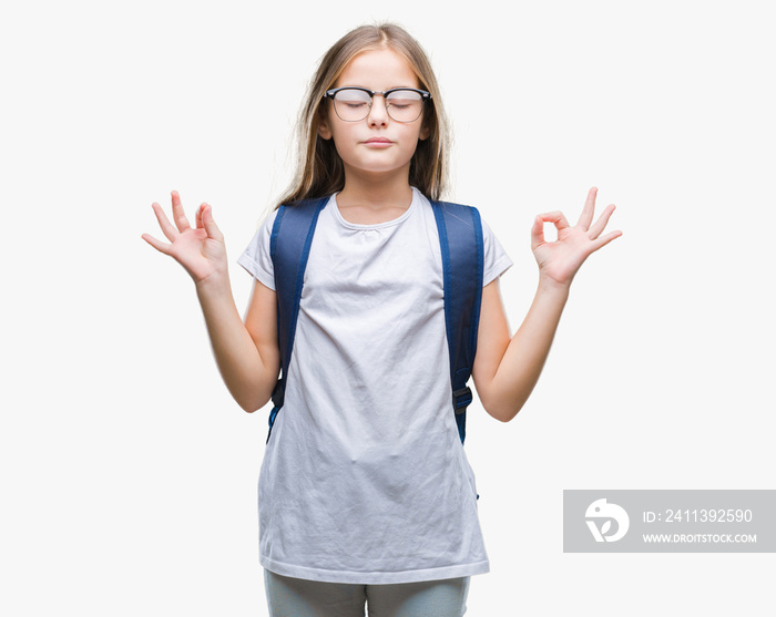 Young beautiful smart student girl wearing backpack over isolated background relax and smiling with eyes closed doing meditation gesture with fingers. Yoga concept.