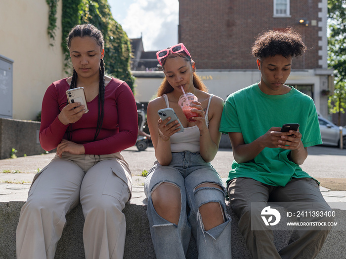 Friends using smart phones while sitting on stone wall