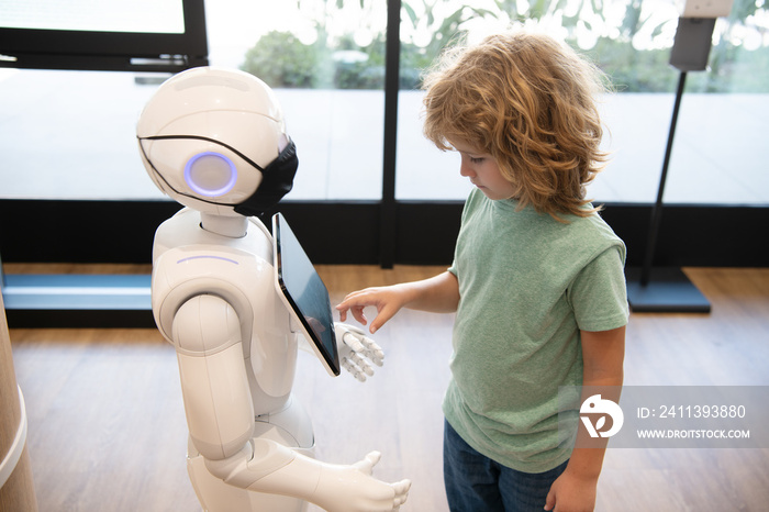 smart boy kid communicate with robot assistant technology for modern education, automation