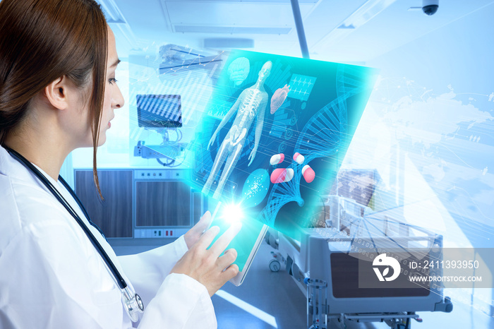 Female doctor operating futuristic medical interface.