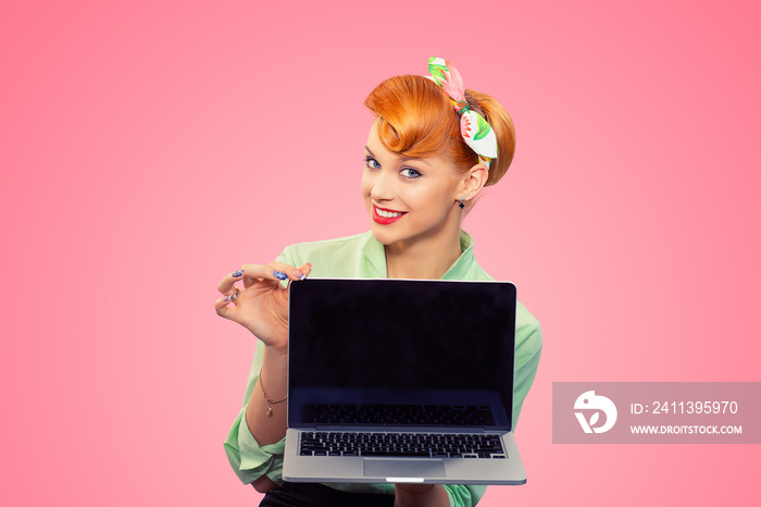 smiling pinup girl green button shirt holding pc computer