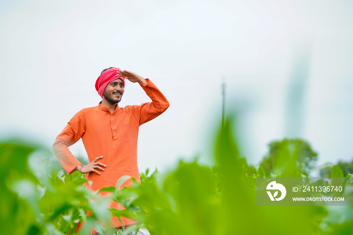 young indian farmer at corn field.