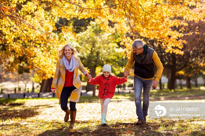 Joyful family walking at park