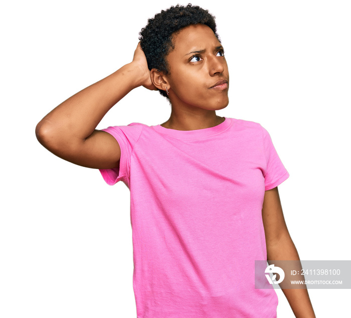 Young african american woman wearing casual clothes confuse and wondering about question. uncertain with doubt, thinking with hand on head. pensive concept.