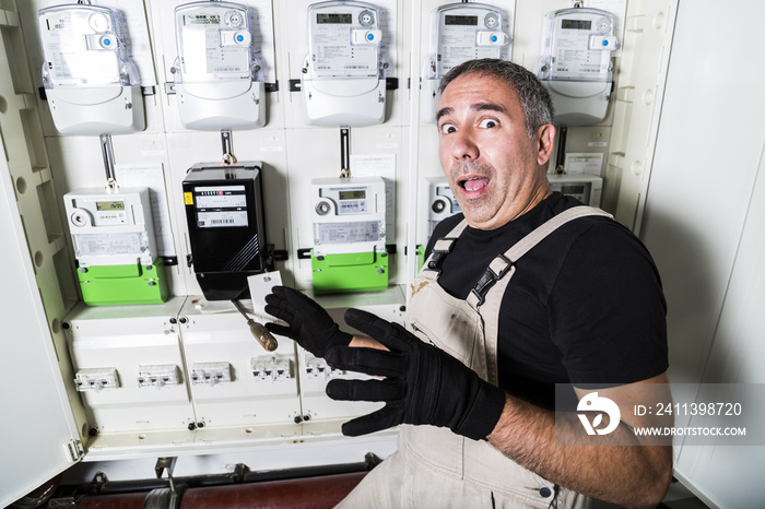 Funny electrician doing repair in switchboard or electricity meter