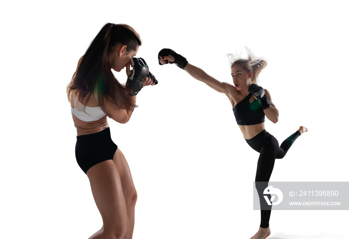 MMA female fighters isolated on white background.