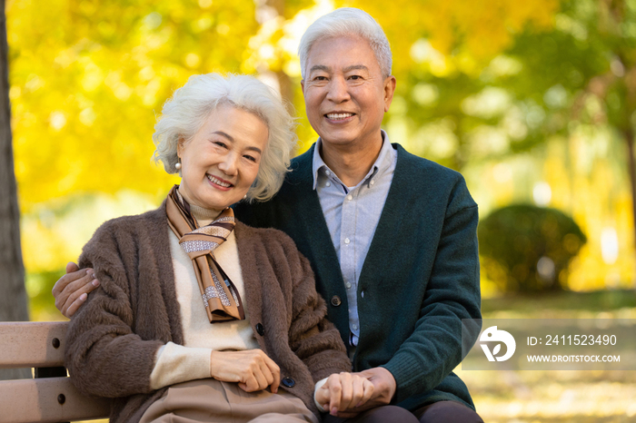 幸福的老年夫妇坐在长椅上