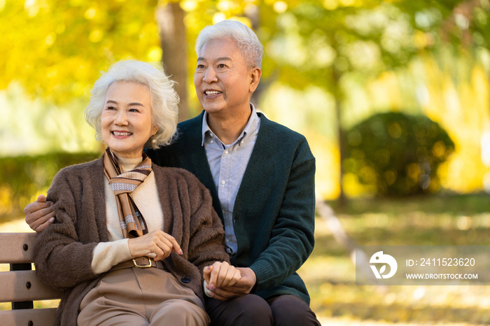 幸福的老年夫妇坐在长椅上