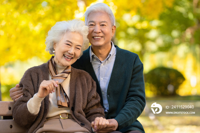 幸福的老年夫妇坐在长椅上