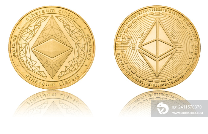 Gold ryptocurrency coin - etherum classic, isolated on a white