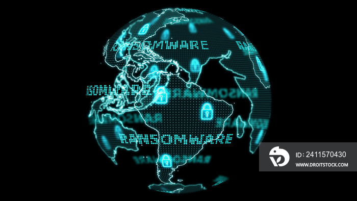 Digital global world map technology research develpoment analysis to ransomware attack south america