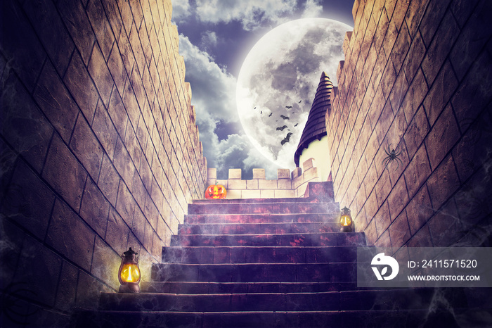 Halloween holiday background concept,Stairway to the roof of the horror castle with spider web, spid