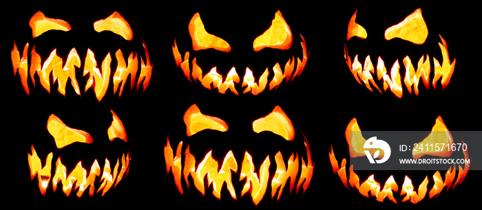 Collection of scary Halloween pumpkin Jack o lantern faces glowing red and yellow eerily on black