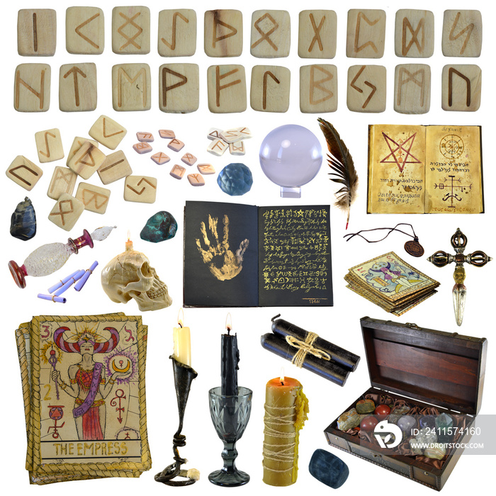 Design clip art set with runes, tarot cards and magic ritual objects isolated on white background
