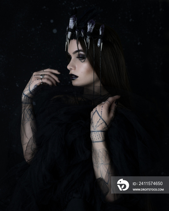 Gothic style woman portrait in black. Halloween black dark witch