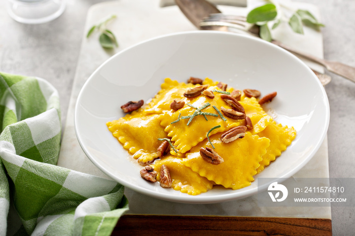 Butternut squash tortellini with brown butter and pecans