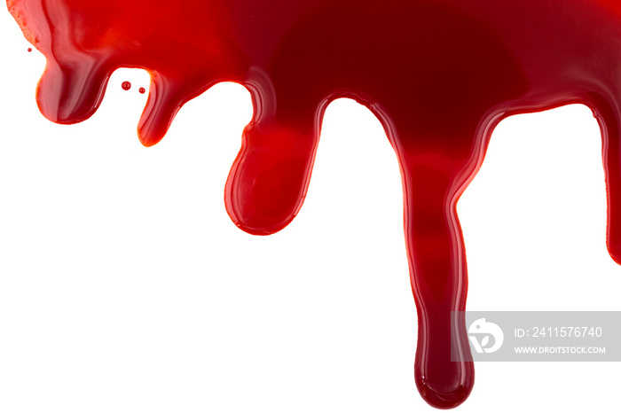 Dripping blood isolated on white background. Flowing red blood splashes, drops and trail.