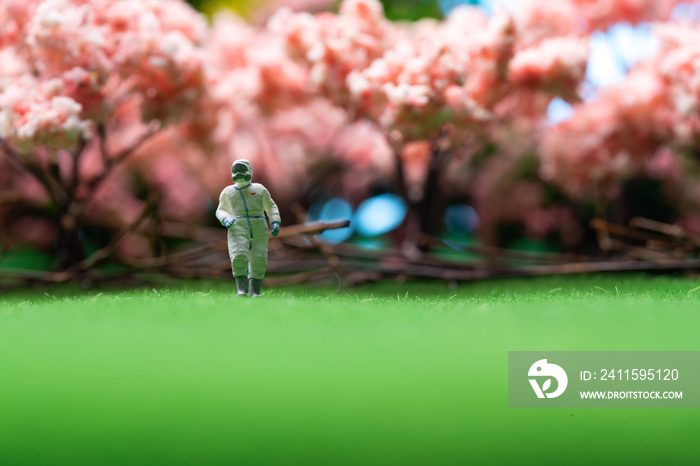 樱花树下的医护人员站在草地上