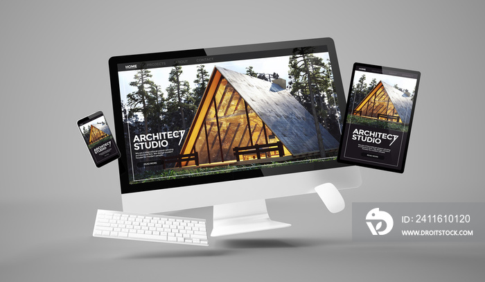 computer, tablet and smartphone gravity showing architect studio responsive website