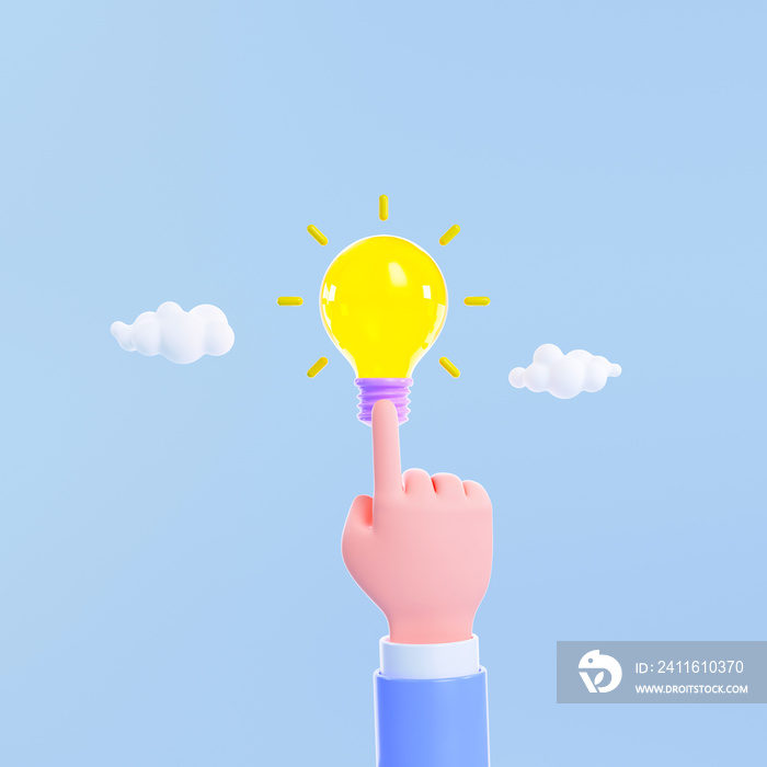 3d illuminated lightbulb with a hand pointing at it, Having a new creative idea, business strategy c