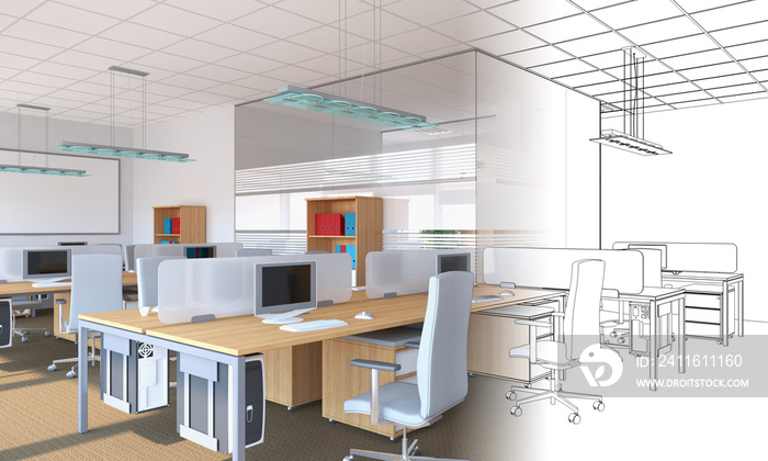 办公室，室内可视化，3D插图