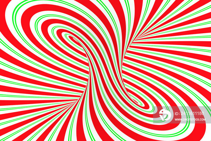 圣诞喜庆的红色和绿色螺旋隧道。条纹扭曲的xmas视错觉。催眠背景